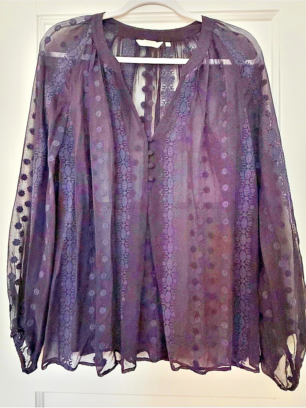 Zoa New York Embroidered Sheer Blouse Purple, Size XS, Like New